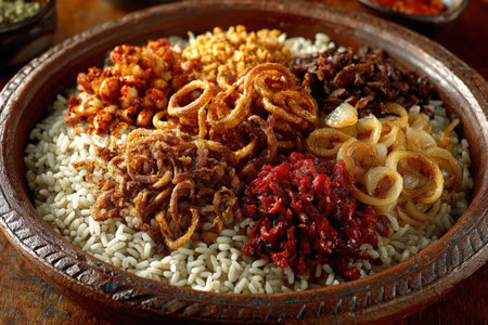 Egyptian food koshary dish. Koshary dish with rice, lentils, pasta, and various toppings in a traditional bowl, highlighting the rich textures and colors of Egyptian foodの素材