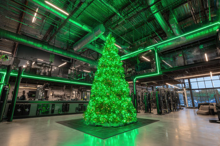 Unique Christmas tree adorned with bright green lights is prominently displayed in a contemporary gym, creating a festive atmosphere and inviting holiday cheerの素材