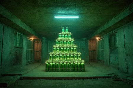 Unique Christmas tree constructed from green bottles, arranged in a pyramid shape, illuminated by neon lights in an industrial setting, creating an innovative holiday atmosphereの素材