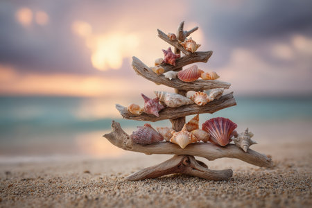 Unique Christmas tree crafted from driftwood and seashells, displayed on sandy beach, showcasing a creative holiday decoration with natural coastal beautyの素材