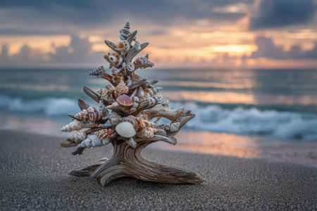 Unique alternative Christmas tree crafted from seashells and driftwood, placed on sandy beach with gentle ocean waves and a stunning sunset, creating a serene holiday atmosphereの素材