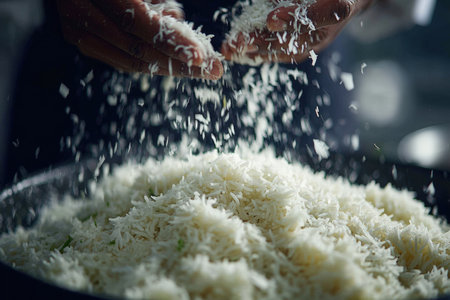 Fluffy coconut rice is being sprinkled by hands in a large bowl, highlighting the texture and freshness of the dish, creating an inviting culinary atmosphereの素材