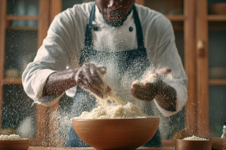 Culinary expert skillfully prepares coconut rice in a wooden bowl, with grains and flour floating in the air, enhancing the cozy kitchen ambianceの素材