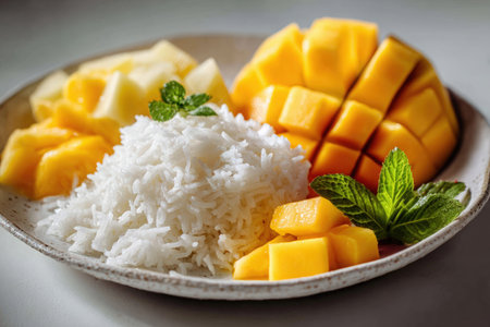 Coconut rice is beautifully presented with ripe mango and pineapple, garnished with fresh mint leaves, creating a colorful and appetizing tropical dishの素材