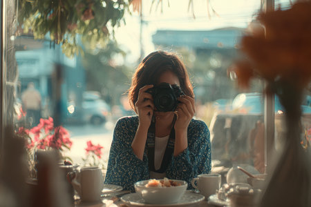 Female photographer enjoys capturing the essence of a cafe scene, with a focus on a beautifully presented coconut rice dish and floral ambianceの素材