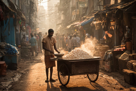 Vendor prepares coconut rice on a cart in a lively market, with steam rising and people browsing nearby, capturing the essence of street food and communityの素材