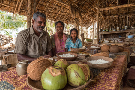 Family engaged in preparing coconut rice in a rustic kitchen, with fresh coconuts and rice displayed on wooden tables, highlighting cultural traditions and warm ambianceの素材