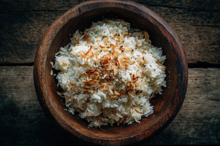 Coconut rice presented in a wooden bowl, topped with crispy coconut flakes, highlighting the dish's texture and inviting aroma for food photography and culinary inspirationの素材