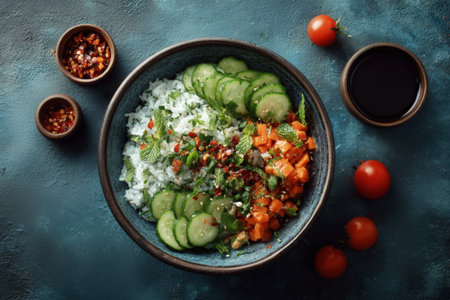 Coconut rice bowl is artfully presented with fresh cucumber, colorful diced vegetables, and herbs, set against a textured blue backdrop with cherry tomatoes enhancing the sceneの素材
