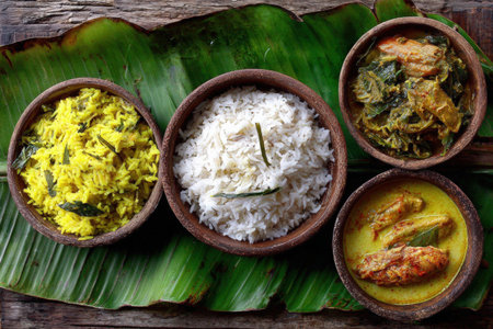 Coconut rice presented in rustic clay bowls with colorful curries and yellow rice on a banana leaf, highlighting the essence of tropical cuisine and cultural heritageの素材