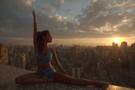 Egyptian woman in sportswear is stretching on a rooftop during sunset, highlighting her athleticism against a vibrant city skyline and warm evening lightの素材