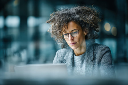 Egyptian businesswoman with curly hair, wearing glasses, is intently working on laptop in a contemporary office environment, reflecting professionalism and commitment to her workの素材