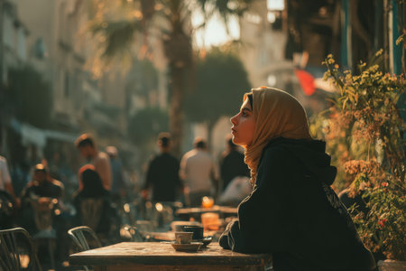 Modern Egyptian woman in casual attire sits at cafe table, sipping coffee, with lively street scene and warm sunlight creating a relaxed atmosphereの素材