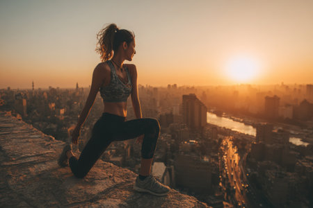 Egyptian female athlete is stretching on a rooftop during sunset, highlighting her athletic wear and the stunning city skyline, embodying health and vitalityの素材
