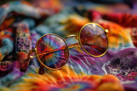 Round sunglasses placed on bright tie-dye fabric, featuring vivid colors and intricate patterns, enhancing the artistic and playful vibe of the sceneの素材