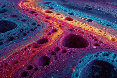 Close-up view of swirling psychedelic colors in fluid patterns, featuring intricate textures and bubbles, creating a captivating visual experience of vibrant hues and dynamic movementの素材