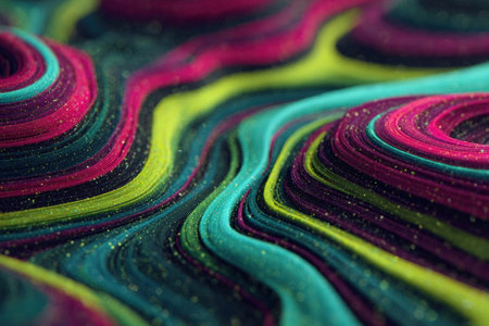 Abstract illustration displays flowing psychedelic colors in wavy patterns, emphasizing intricate textures and dynamic movement, creating a captivating visual experienceの素材