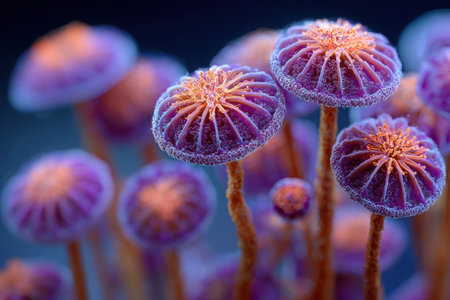 Colorful mushrooms display intricate details and textures, creating a captivating scene that immerses viewers in a psychedelic world of vibrant colors and surreal beautyの素材