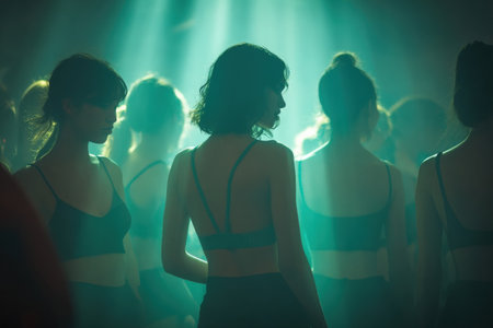 Backstage scene featuring diverse models in matching cami tops, surrounded by soft lighting, creating a vibrant atmosphere filled with anticipation and energyの素材