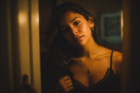 Close-up of a Latina woman in a black cami top looking into a mirror, surrounded by soft lighting that enhances her features and creates an intimate atmosphereの素材