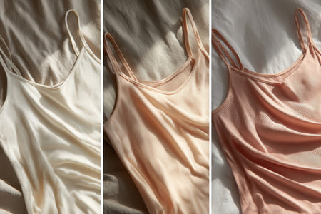 Three stylish cami tops in soft hues are beautifully arranged in a flat lay on a textured surface, highlighting the fabric's smoothness and elegant designの素材