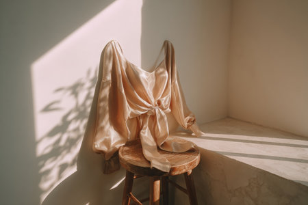 Cami top is gracefully draped over a wooden stool in a bright studio, featuring soft fabric textures and gentle shadows, creating a tranquil and inviting ambianceの素材