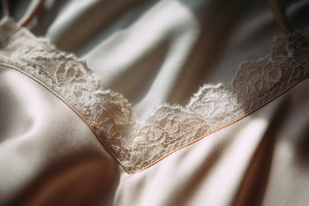 Close-up of satin cami top with delicate lace trim, highlighting luxurious textures and elegant design, ideal for fashion shoots or intimate apparel displaysの素材