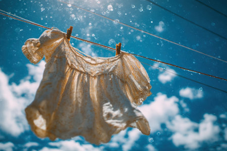 Cami top dances on clothesline in gentle breeze, sunlight highlighting delicate fabric, surrounded by vibrant blue sky and soft clouds, creating a peaceful outdoor sceneの素材