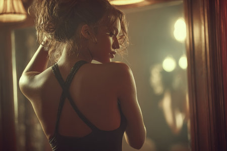 Close-up of a Latina woman in a black cami top, admiring her reflection in a mirror, with warm lighting enhancing her features and creating a serene ambianceの素材