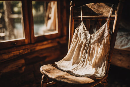 Cami top draped over a vintage wooden chair, bathed in soft natural light, enhancing the rustic charm and inviting ambiance of the sceneの素材