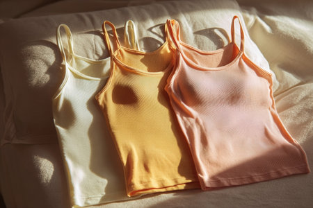 Three cami tops in pastel shades are neatly arranged in a flat lay, highlighting their soft textures and delicate straps, perfect for casual fashion stylingの素材