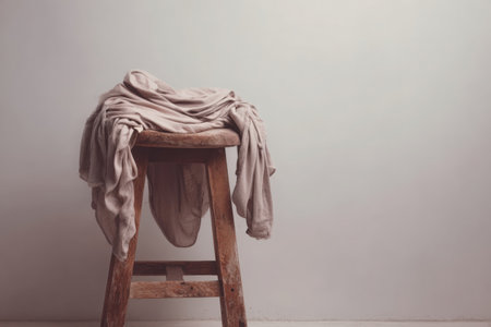 Wooden stool adorned with flowing beige fabric, highlighting its texture and warmth, placed in a minimalistic setting, enhancing the overall ambiance of tranquility and comfortの素材