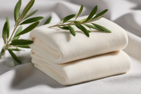 Cream towels are stacked elegantly on a smooth surface, complemented by fresh olive branches, evoking a tranquil spa environment for relaxation and rejuvenationの素材
