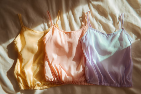 Three cami tops in pastel shades are neatly arranged in a flat lay, highlighting their soft textures and elegant design, perfect for summer outfits and casual stylingの素材