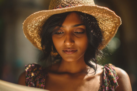 South Asian woman wearing a floral cami top and straw hat is enjoying a book outdoors, with soft sunlight illuminating her features, creating a peaceful ambianceの素材