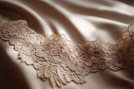 Satin cami top features delicate lace detailing, emphasizing luxurious textures and intricate patterns, creating a stylish and elegant appearance for modern fashion enthusiastsの素材