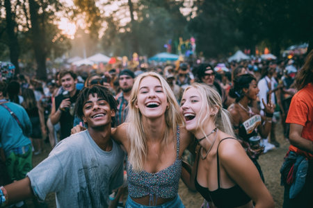 Group of diverse friends in cami tops at an outdoor music festival, smiling and laughing together, immersed in the lively atmosphere and festive surroundingsの素材