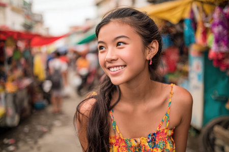 Teen girl in a colorful cami top beams with joy in a bustling market, surrounded by vibrant stalls and lively people, showcasing youthful energy and cultural vibrancyの素材