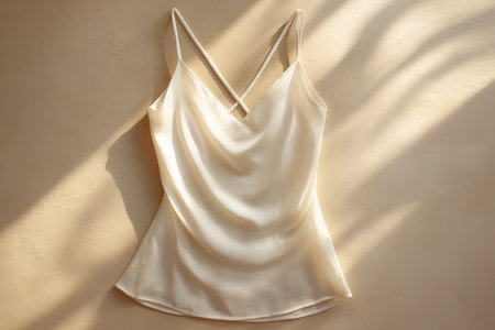 Silk cami top features delicate straps and a flowing design, beautifully illuminated by soft light, creating an elegant and sophisticated appearance for stylish outfitsの素材