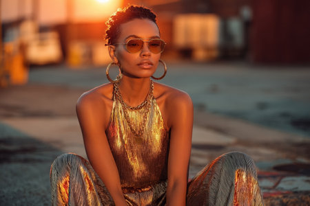 Female model in a metallic cami top and sunglasses sits on the ground, with a stunning sunset backdrop enhancing her fashionable look and creating a captivating sceneの素材