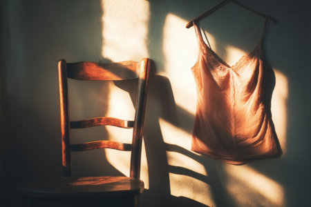 Cami top is gracefully draped over a vintage wooden chair, with sunlight filtering through, casting soft shadows and enhancing the warm ambiance of the roomの素材
