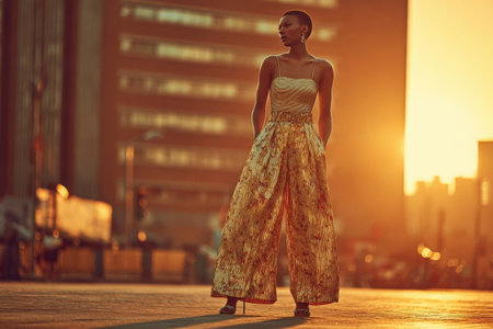 Confident female model in metallic cami top and wide-leg pants poses in urban environment at sunset, highlighting contemporary style and warm lightingの素材
