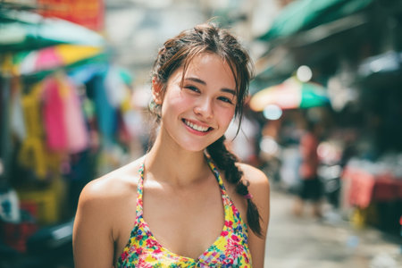 Asian teenager in a colorful cami top stands in a bustling market, surrounded by vibrant stalls and people, radiating happiness and youthful energyの素材