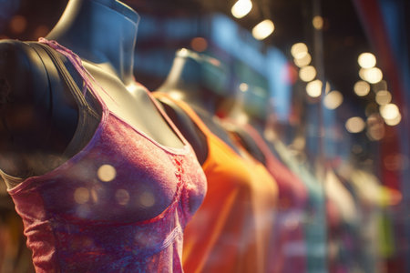 Colorful cami tops are elegantly displayed on mannequins in a retail window, highlighting vibrant textures and inviting shoppers to discover fashionable choicesの素材