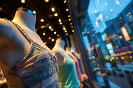 Mannequins showcase vibrant cami tops in a retail window, beautifully lit by warm lights, creating an inviting atmosphere for fashion enthusiastsの素材