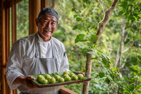 Dessert chef holds a tray of buko pandan scoops, surrounded by greenery, highlighting the vibrant colors and textures of the dessert in a serene environmentの素材