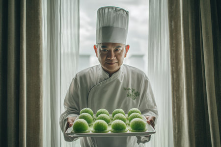 Dessert chef holds a tray filled with green buko pandan scoops, highlighting traditional Southeast Asian cuisine, with soft natural light enhancing the sceneの素材
