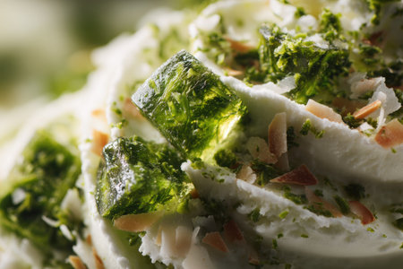 Close-up view of creamy green ice cream with embedded coconut meat and pandan jelly, highlighting rich textures and vibrant colors, ideal for food photographyの素材