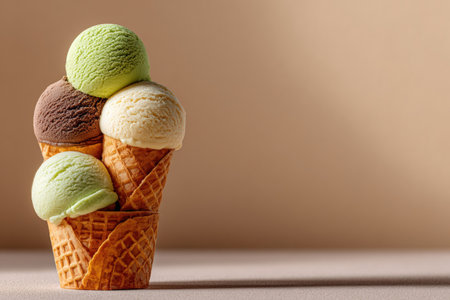 Stacked waffle cones filled with colorful buko pandan ice cream, highlighting creamy textures and inviting colors, perfect for dessert enthusiasts and food photographyの素材