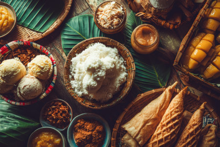 Flat lay composition of Filipino desserts including buko pandan ice cream, sweet fruits, and assorted treats, showing rich textures and vibrant colors in a delightful arrangementの素材